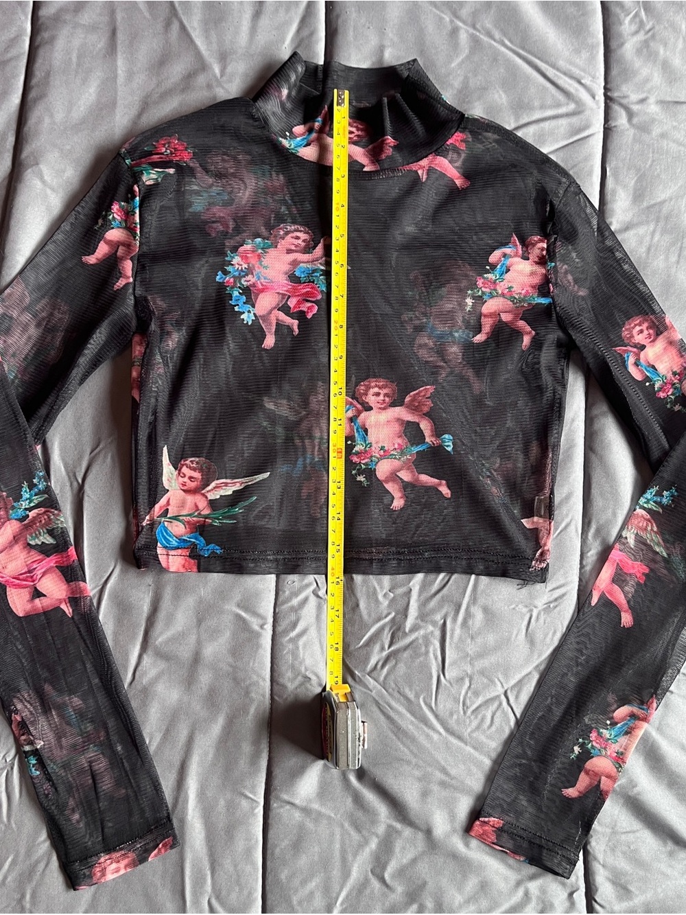 Source Unknown Black Sheer Mesh Crop Top with Pink Cherub Motif - Picture 5 of 8
